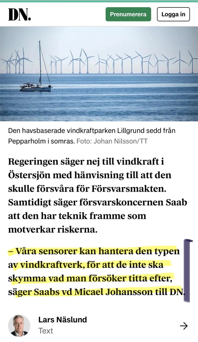 Det är inte bara f.d. försvarsminister Mikael Odenberg utan också SAAB-chefen som anser att regeringens beslut om vindkraften inte vilar på saklig grund. Regeringens vindkraftsbeslut doftar anpassning till SDs/KDs ”kulturkrig” mot vindkraften…👇🏼
dn.se/ekonomi/saab-c…