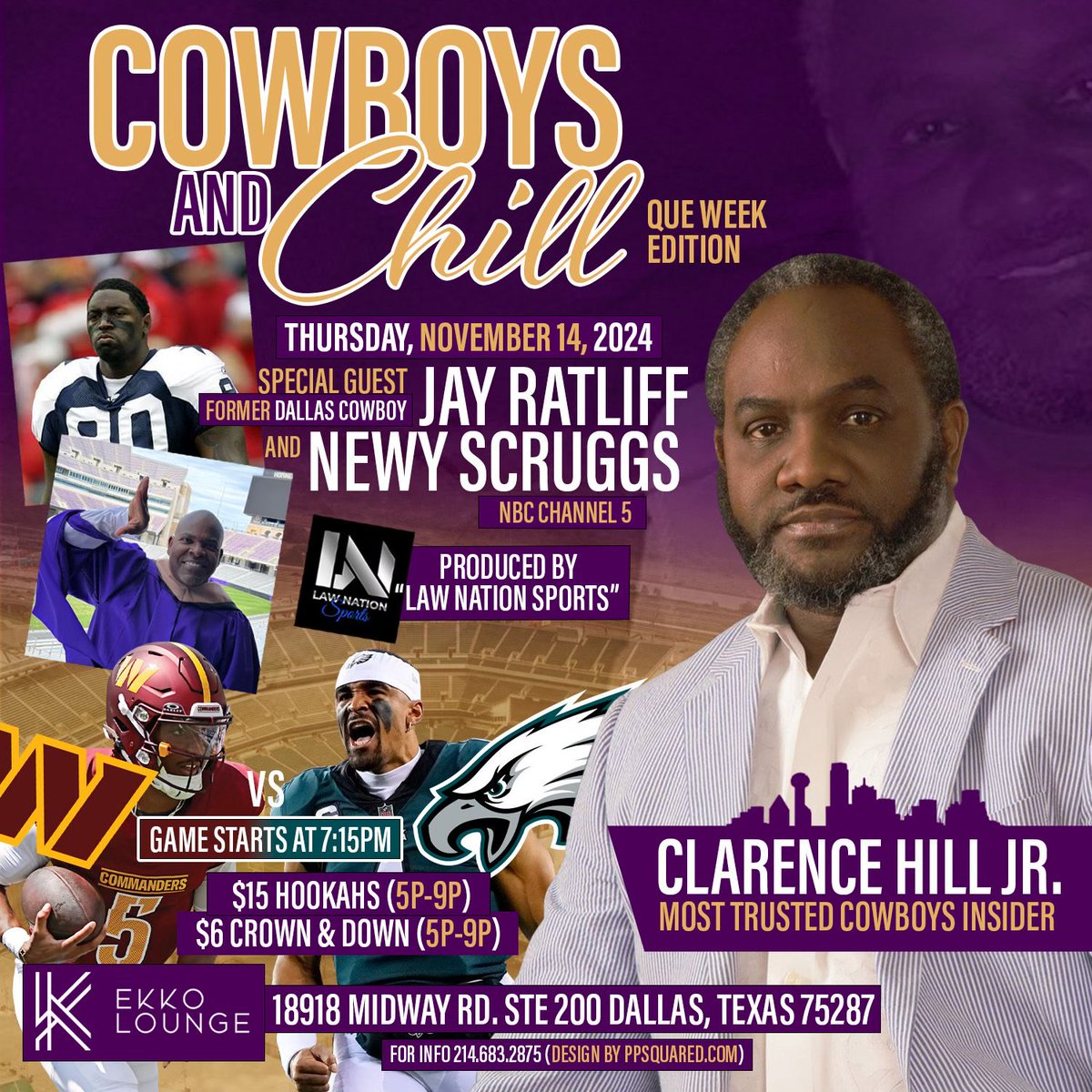 LawsNation's tweet photo. Join us for an electrifying Thursday Night Game and Que Week Edition of Cowboys & Chill!

Get ready to break down the latest in Cowboys action alongside special guests, former #Cowboys Pro Bowl defensive tackle Jeremiah Ratliff and NBC DFW's own Newy Scruggs, a proud Omega man!

With the Cowboys at 3-6 and reeling from a four-game losing streak, the football world is buzzing! Omega man Jalen Hurts just handed the Cowboys a tough loss at Jerry World, while talk swirls around Micah Parsons, Coach McCarthy, and even the fate of the season with Dak Prescott out. And with the Eagles facing off against the Commanders and their rookie QB sensation Jayden Daniels for the top of the division, there's plenty to dissect.

Let’s dive into the drama, the passion, and the plays that have everyone talking!

📅 Every Thursday
🕔 5 PM to 12 AM
📍 Ekko Lounge, 18918 Midway Rd, Ste 200, Dallas, TX 75287
🎤 Hosted by Law Nation Sports
Don't miss this chance to chill with fellow fans, dissect the season, and celebrate Que Week in true Cowboys style!