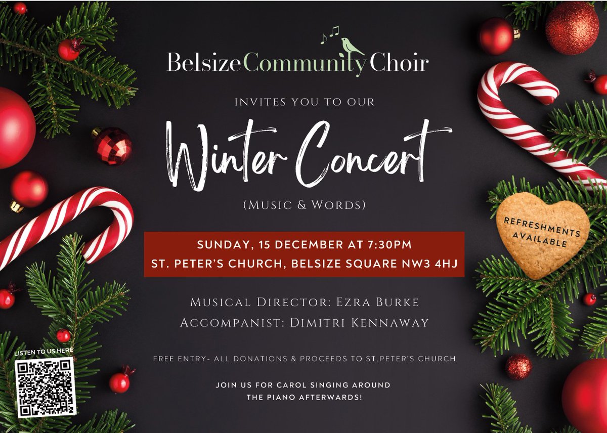 You are warmly invited to our winter concert on Sunday, December 15th, at 7.30 pm in St Peter's Church! Bring along some friends and stay for carols around the piano afterwards. 
#choir #belsize #belsizepark #concert #carols