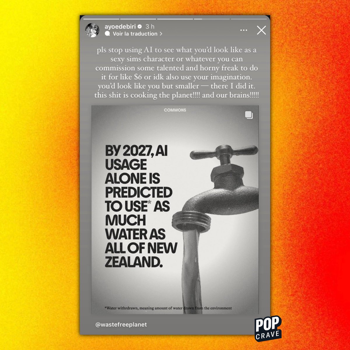 Ayo Edebiri encourages people stop using AI for trivial purposes in new post:

“pls stop using Al to see what you'd look like as a sexy sims character or whatever you can commission some talented and horny freak to do it for like $6… this s**t is cooking the planet!!!! and our