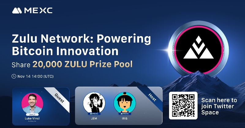 MEXC's tweet photo. 🔥 #MEXC x @zulu_network X Space AMA is happening!

🪧 Zulu Network: Powering Bitcoin Innovation!

⏰ Set a reminder &amp; join us at 06:00 UTC on Nov 15, 2024: https://t.co/2Kzrns55tE

🎁 Win a share of 20,000 ZULU AMA prize pool!
