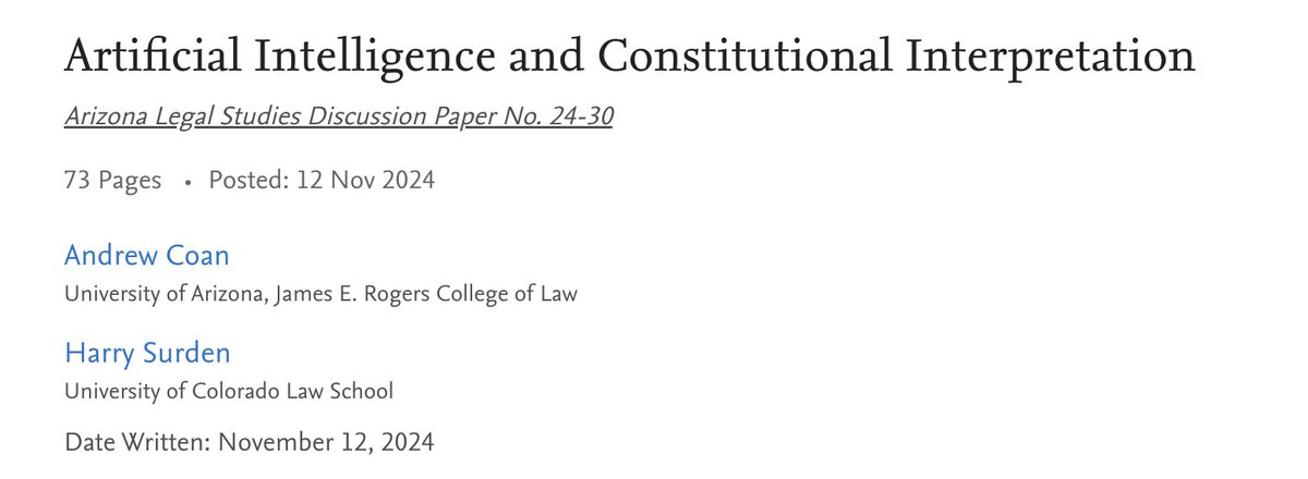 Harry Surden (@harrysurden) on Twitter photo Hot off the presses - Just posted a new draft article on
"Artificial Intelligence and Constitutional Interpretation"
Written with the incredible Prof. Andrew Coan
papers.ssrn.com/sol3/papers.cf…
Comments and suggestions are welcome!
cc:<a href="/ColoLaw/">Colorado Law</a> Hot off the presses - Just posted a new draft article on
"Artificial Intelligence and Constitutional Interpretation"
Written with the incredible Prof. Andrew Coan
papers.ssrn.com/sol3/papers.cf…
Comments and suggestions are welcome!
cc:<a href="/ColoLaw/">Colorado Law</a>