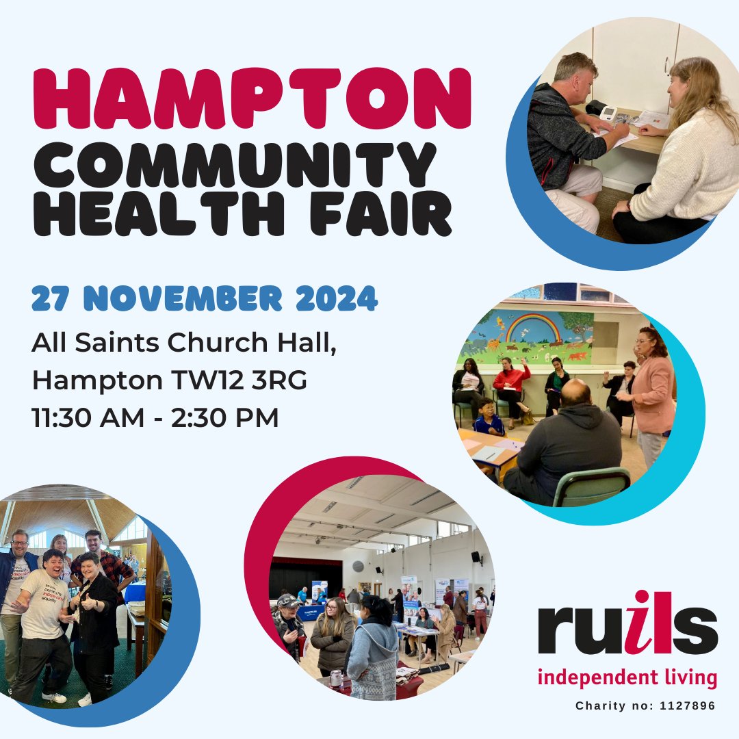Calling all #Hampton residents!

Drop into <a href="/Ruils/">Ruils</a> Hampton Community #HealthFair from 11:30am-2:30pm on Wed 27 Nov at All Saints Church Hall in Hampton.

-free hot lunch
-wellbeing &amp; nutrition workshops
-info from local orgs 

and more...no registration required! See you there 😄
