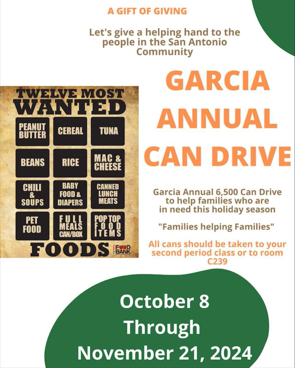 Garcia families, it’s can drive time! Let’s load up for the SA Food Bank and make a BIG impact! Drive ends next Thursday, Nov. 21st—bring those cans! 🥫💪 #GarciaGives