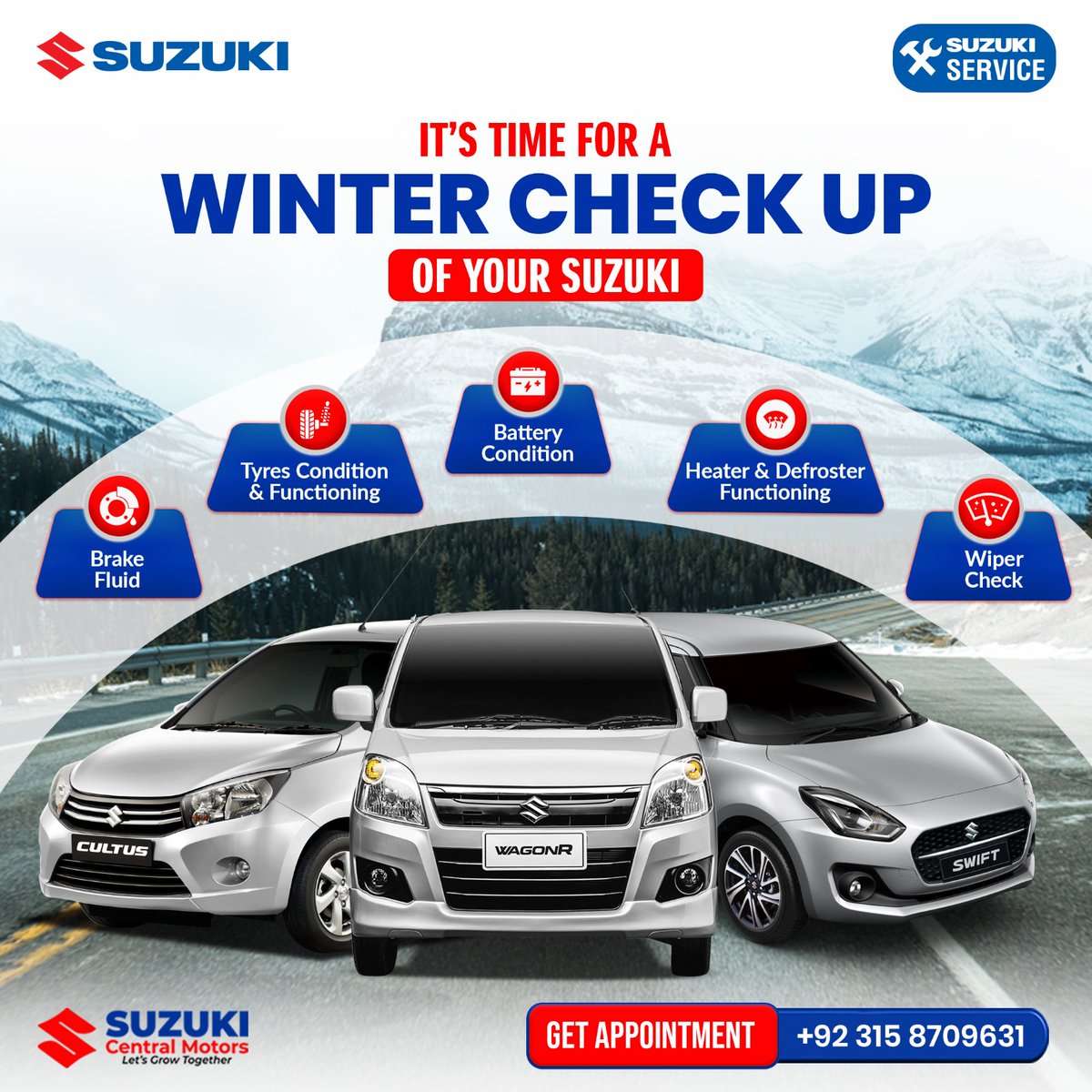 RwpScm's tweet image. Get your Suzuki ready for winter at Suzuki Central Motors! Book your winter check-up today and drive with confidence!

𝐁𝐨𝐨𝐤 𝐧𝐨𝐰! 𝐂𝐨𝐧𝐭𝐚𝐜𝐭 𝐮𝐬 𝐚𝐭
📲+𝟗𝟐-𝟑𝟏𝟓-𝟖𝟕𝟎𝟗𝟔𝟑𝟏.
📍 G.T Road Soan Camp Rawalpindi.

#SuzukiWinterCheck #SuzukiCare #WinterReady