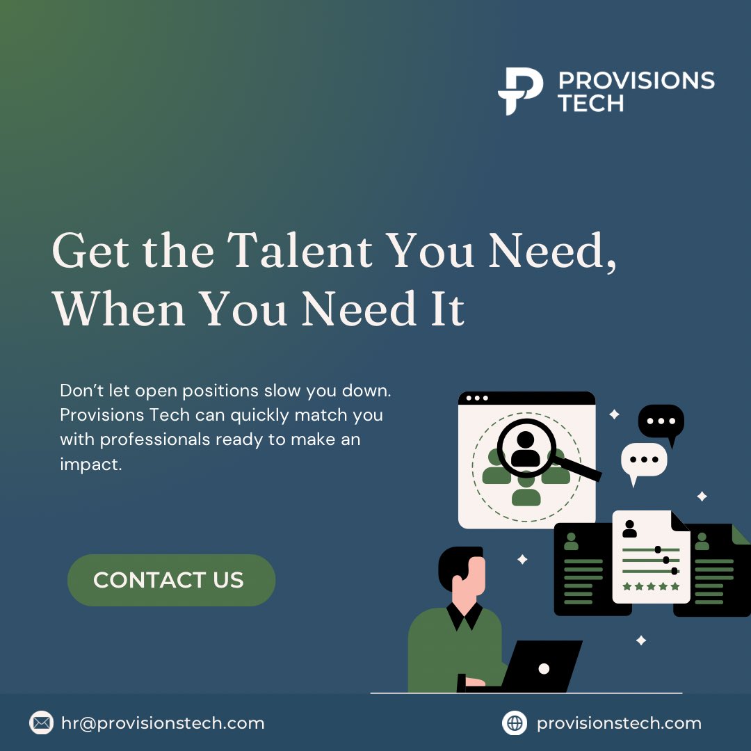 ProvisionsTech's tweet photo. Don’t let open roles slow down your business growth. Provisions Tech specializes in connecting you with top-notch professionals who are ready to make an impact from day one.
#TalentAcquisition #StaffingSolutions #BusinessGrowth #ProvisionsTech #HireSmart #RecruitmentServices https://t.co/WmFwwuXN6D