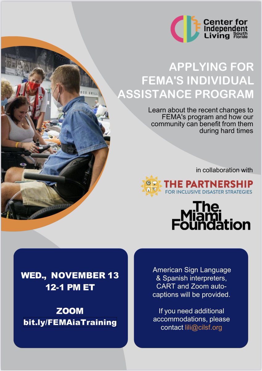 Join us on today from 12pm to 1pm ET for a training on the recent changes to FEMA’s individual assistance program and how our community can benefit from it with <a href="/disasterstrat/">The Partnership for Inclusive Disaster Strategies</a> 

ASL &amp; Spanish Interpretation, CART, and Zoom auto-captions will provided. 

bit.ly/FEMAiaTraining