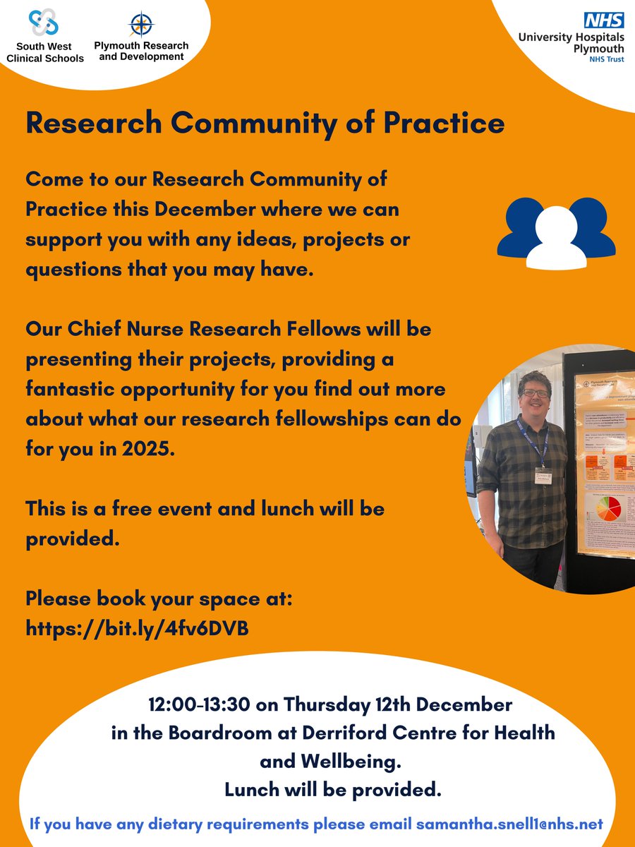 Plymouth Research and Development Team @UHP_NHS (@rdinuhp) on Twitter photo Join us at our Research Community of Practice on 12/12/2024 from 12:00-13:30. Book your free place at bit.ly/4fv6DVB. Find out more about our research fellowships & get help with your own ideas. We are here to support you
@UHP_AP_RD
<a href="/DerrifordNurses/">UHP Nursing 💙</a>
@DAllcorn
<a href="/UHP_NHS/">University Hospitals Plymouth NHS Trust</a> Join us at our Research Community of Practice on 12/12/2024 from 12:00-13:30. Book your free place at bit.ly/4fv6DVB. Find out more about our research fellowships & get help with your own ideas. We are here to support you
@UHP_AP_RD
<a href="/DerrifordNurses/">UHP Nursing 💙</a>
@DAllcorn
<a href="/UHP_NHS/">University Hospitals Plymouth NHS Trust</a>