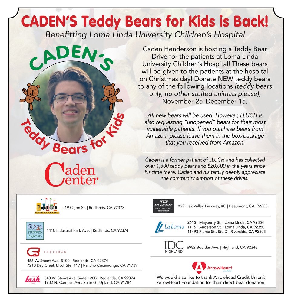 This year’s Teddy bear drive starts November 25th! New bears only please (bears in their original packaging are extremely helpful to the hospital, as they can be given to the most vulnerable patients). Bears can also be shipped to Paulson Orthodontics! #lluch #cadencenter