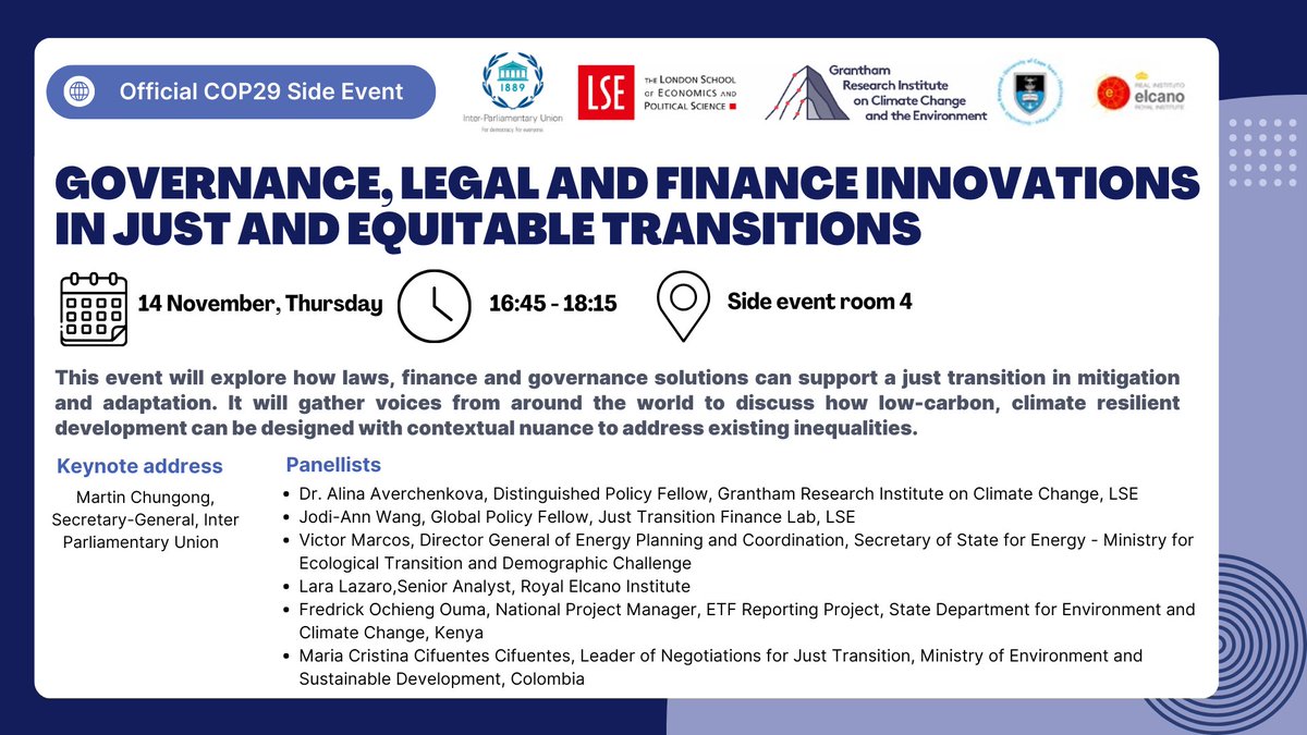 Grantham LSE (@gri_lse) on Twitter photo Tomorrow at #COP29 <a href="/averchenkova/">Alina Averchenkova</a> and <a href="/jodiannwang/">Jodi-Ann Wang ēēē</a> will be speaking at the <a href="/UNFCCC/">UN Climate Change</a> side event: Governance, legal and finance innovations in just and equitable transitions.
šNovember 14th
š§16:45-18:15 local time
š¢Side event room 4 Tomorrow at #COP29 <a href="/averchenkova/">Alina Averchenkova</a> and <a href="/jodiannwang/">Jodi-Ann Wang ēēē</a> will be speaking at the <a href="/UNFCCC/">UN Climate Change</a> side event: Governance, legal and finance innovations in just and equitable transitions.
šNovember 14th
š§16:45-18:15 local time
š¢Side event room 4