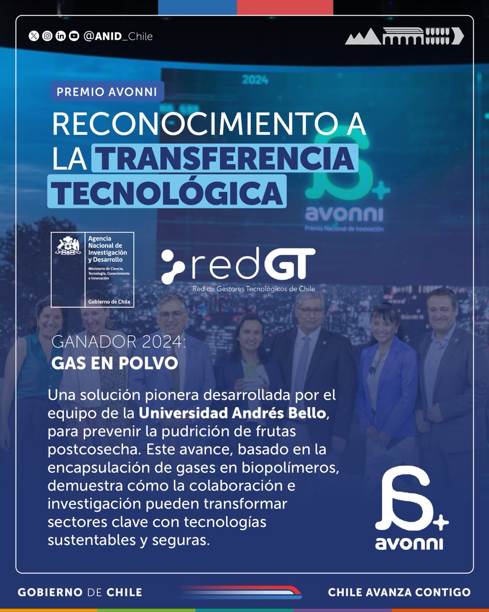 Agencia Nacional de Investigación y Desarrollo (@anid_chile) on Twitter photo 🎉 ¡GAS EN POLVO, ganador del <a href="/premio_avonni/">Avonni</a> 2024 en Transferencia Tecnológica! 🌱 Esta innovadora solución, que combate la pudrición de frutas de postcosecha con biopolímeros sustentables, nació de un proyecto Fondef de <a href="/anid_chile/">Agencia Nacional de Investigación y Desarrollo</a>. ¡Felicitaciones al equipo de <a href="/uandresbello/">U. Andrés Bello</a>! 🎉 ¡GAS EN POLVO, ganador del <a href="/premio_avonni/">Avonni</a> 2024 en Transferencia Tecnológica! 🌱 Esta innovadora solución, que combate la pudrición de frutas de postcosecha con biopolímeros sustentables, nació de un proyecto Fondef de <a href="/anid_chile/">Agencia Nacional de Investigación y Desarrollo</a>. ¡Felicitaciones al equipo de <a href="/uandresbello/">U. Andrés Bello</a>!