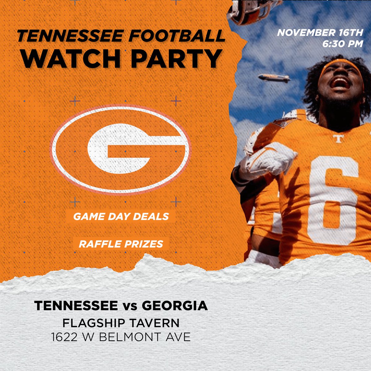 Tennessee vs Georgia watch party <a href="/flagshipchicago/">Flagship Tavern & Grill</a> at 6:30 PM CST this Saturday, November 16th! Come out and support the Vols at the only official watch party in Chicago!!