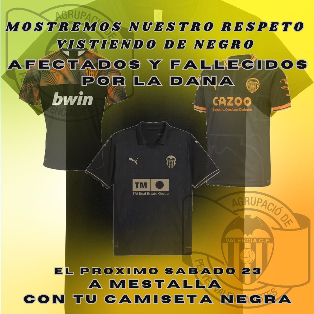 Desde la Agrupación hacemos un llamamiento a toda la afición para que el día 23 ante el Betis llevemos camiseta negra sea del Valencia o lisa para homenajear a los afectados y dar nuestra muestra de luto por los fallecidos por la Dana del 29 de octubre. 

🦇🖤 AMUNT 🖤🦇