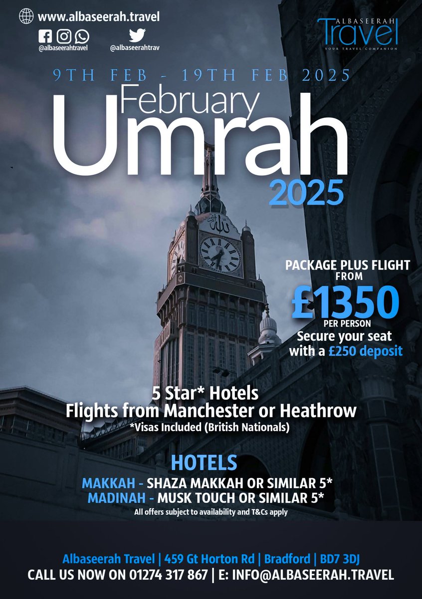 *ALBASEERAH TRAVEL IS BACK*

After a difficult period during COVID, we are pleased to announce that Albaseerah Travel is now back ready to serve our guests for Umrah Alhamdulillah.
