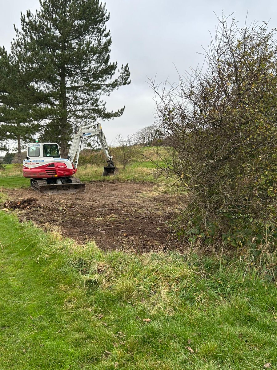 CaldygcGreens's tweet photo. Path widening around the 9th tee continues, with stump removal, and the pathway from the 1st to the 2nd is nearly ready for turf. #CountyTurf due in the morning. We will also replace all turf stripped off the drainage lines with #BarOlympic. https://t.co/ZxjgnRabfl