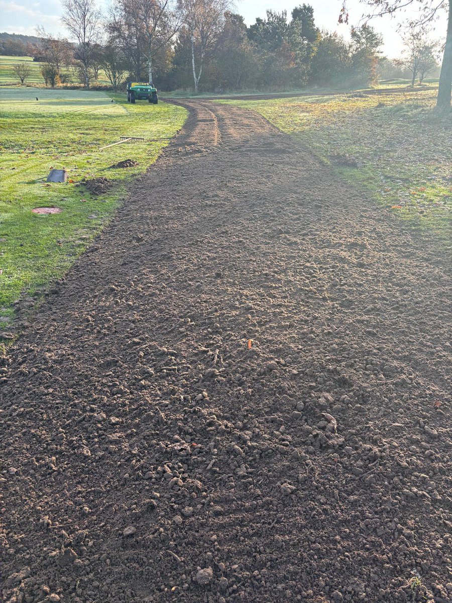 CaldygcGreens's tweet photo. Path widening around the 9th tee continues, with stump removal, and the pathway from the 1st to the 2nd is nearly ready for turf. #CountyTurf due in the morning. We will also replace all turf stripped off the drainage lines with #BarOlympic. https://t.co/ZxjgnRabfl