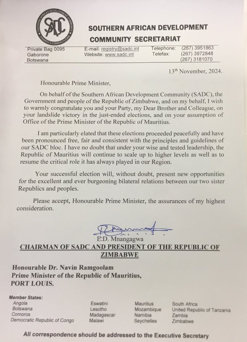 CMukungunugwa's tweet photo. Sadc Chairman and the President of the Republic of Zimbabwe H.E. @edmnangagwa congratulatory message to Prime Minister H.E. Dr Navin Ramgoolam following his electoral victory in the Republic of Mauritius. https://t.co/JxnxlGoy6H