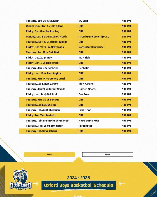 Our 2024-25 schedule! We’re in the very competitive OAA White division, get to play at Rochester University, play in a D Zone Showcase, and have several other exciting non-league matchups. #OxfordHoops