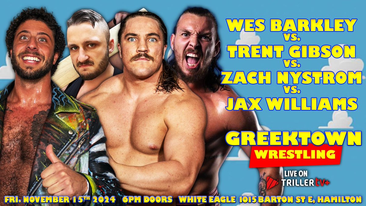 HAMILTON 🚨 THIS FRIDAY! 🔥 GREEKTOWN STARS <a href="/WesBarkley/">Maserati Wes</a> <a href="/TheTrentGibson/">Trent Gibson</a> <a href="/zachnystrompro/">Zach Nystrom🪓</a> &amp; DEBUTING HAMILTON FAN FAVOURITE <a href="/TheJaxWilliams/">Jax Williams</a> FACE OFF! 🚀 FRIDAY IN THE HAMMER &amp; LIVE ON @fitetv! 💨 GET TICKETS NOW OR STREAM LINK IN BIO #TRILLERTV #GREEKTOWNWRESTLING