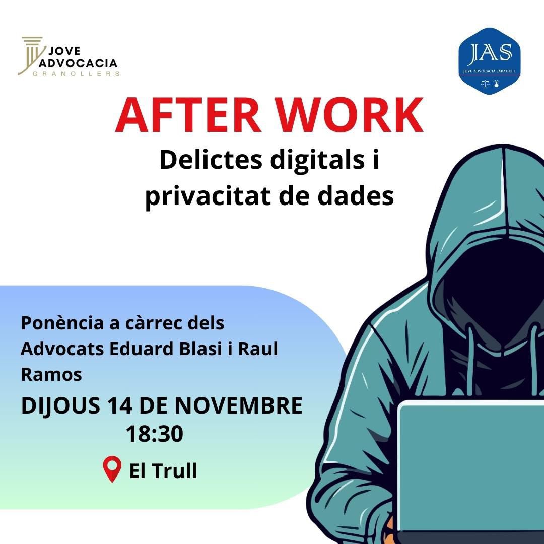 Últimes hores per inscriure’s a l’Afterwork coorganitzat per <a href="/jovesICASBD/">JAS - Jove Advocacia de Sabadell</a> i <a href="/GajGranollers/">GAJ Granollers</a> 

📍 Demà 14/11 a El Trull (Granollers)
🕢 18:30 h
📨 Inscripcions a icavor.cat/index.php/advo…