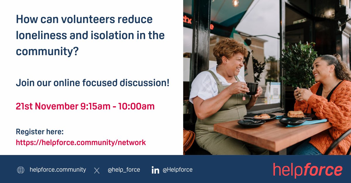 Helpforce (@help_force) on Twitter photo 🤝 Can volunteers be the key to reducing loneliness in our communities?
<a href="/AVMtweets/">Assoc. of Volunteer Managers</a> <a href="/NCVO/">NCVO</a> <a href="/uk_navsm/">NAVSM_UK</a>
Join our online Helpforce Network discussion on 21st November, 9:15-10:00am. Share your thoughts on how healthcare volunteers can make a difference. 👇
helpforce.community/network/events… 🤝 Can volunteers be the key to reducing loneliness in our communities?
<a href="/AVMtweets/">Assoc. of Volunteer Managers</a> <a href="/NCVO/">NCVO</a> <a href="/uk_navsm/">NAVSM_UK</a>
Join our online Helpforce Network discussion on 21st November, 9:15-10:00am. Share your thoughts on how healthcare volunteers can make a difference. 👇
helpforce.community/network/events…