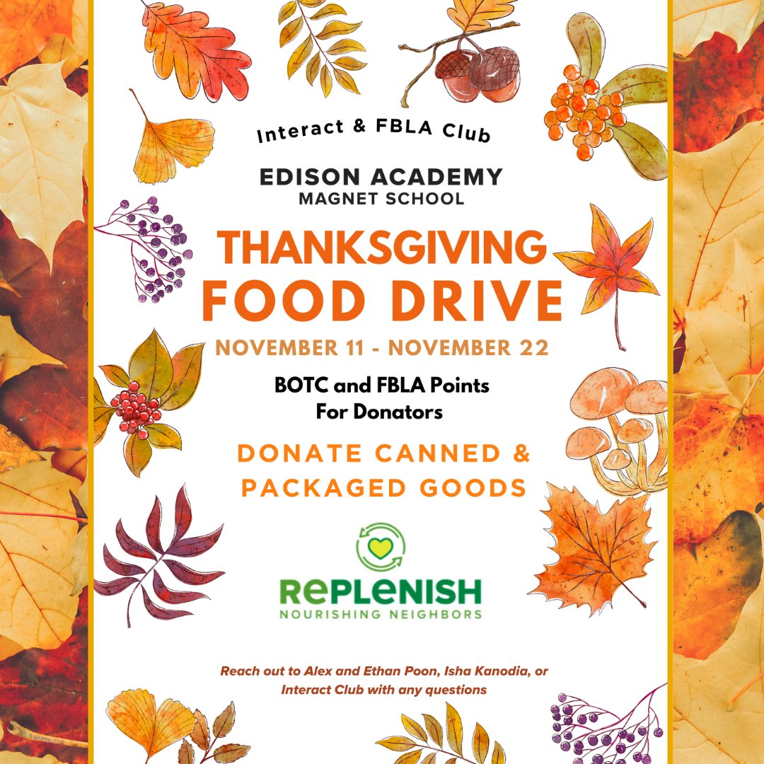 Edison Academy Magnet School (@edisonacad) on Twitter photo The Thanksgiving Food Drive has begun. We brought in 1,500+ lbs. of #fooddonations last year -- let's break the record again! 
Bring in canned and packaged goods from today until November 22. All donated items will help Middlesex County families through <a href="/we_REPLENISH/">REPLENISH</a> The Thanksgiving Food Drive has begun. We brought in 1,500+ lbs. of #fooddonations last year -- let's break the record again! 
Bring in canned and packaged goods from today until November 22. All donated items will help Middlesex County families through <a href="/we_REPLENISH/">REPLENISH</a>