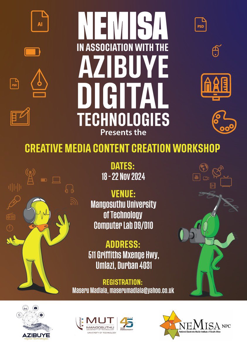 NEMISA (@nemisa_) on Twitter photo NEMISA and Azibuye Digital Technology are hosting a hands-on workshop on Content Generation.
📅 18 - 22 November 2024
📍 Mangosuthu University of Technology
Register 👉: Maseru Madlala maserumadlala@yahoo.co.uk
Limited spots #nemisa #ContentGeneration #photography #vlogging NEMISA and Azibuye Digital Technology are hosting a hands-on workshop on Content Generation.
📅 18 - 22 November 2024
📍 Mangosuthu University of Technology
Register 👉: Maseru Madlala maserumadlala@yahoo.co.uk
Limited spots #nemisa #ContentGeneration #photography #vlogging