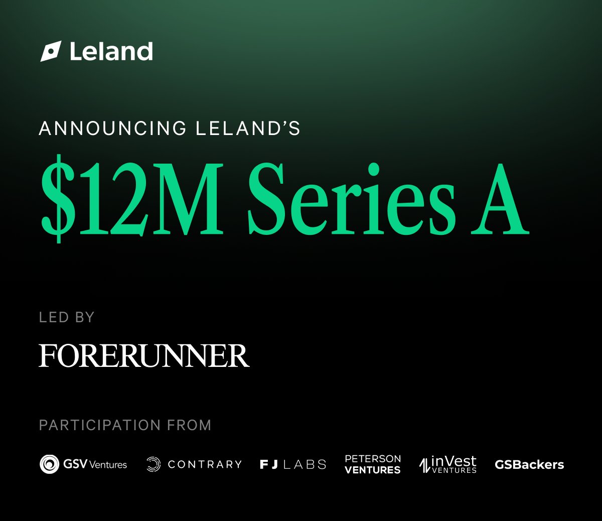 John Koelliker (@johnkoelliker) on Twitter photo Announcing Leland's $12M Series A led by <a href="/ForerunnerVC/">Forerunner</a>!
Forerunner has an incredible track record of backing iconic consumer brands and marketplaces like <a href="/WarbyParker/">Warby Parker</a>, <a href="/Chime/">Chime</a>, <a href="/glossier/">Sponge Bob</a>, <a href="/ouraring/">ŌURA</a>, <a href="/faire_wholesale/">Faire</a>, <a href="/Zola/">Zola</a>, and others. We couldn't be more excited to welcome Announcing Leland's $12M Series A led by <a href="/ForerunnerVC/">Forerunner</a>!
Forerunner has an incredible track record of backing iconic consumer brands and marketplaces like <a href="/WarbyParker/">Warby Parker</a>, <a href="/Chime/">Chime</a>, <a href="/glossier/">Sponge Bob</a>, <a href="/ouraring/">ŌURA</a>, <a href="/faire_wholesale/">Faire</a>, <a href="/Zola/">Zola</a>, and others. We couldn't be more excited to welcome