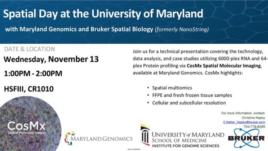 UMmedschool's tweet image. Today is Spatial Day!🔬🧬 

Join us, @MDGenomics, @GenomeScience, and @brukerspatial to learn more about how the latest technology can help deepen your research!

#GeneticResearch #GenomeScience #SpatialBiology #UMSOM
