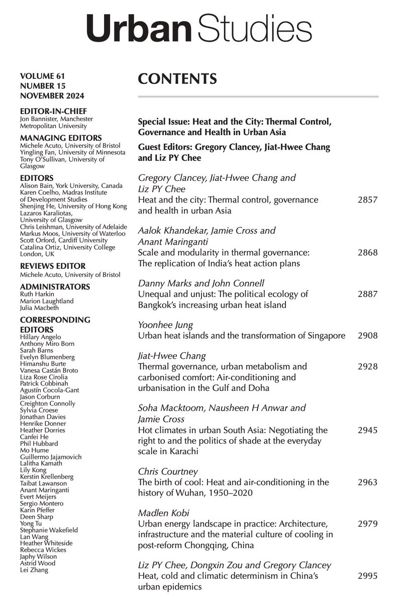 Jiat-Hwee Chang 曾若晖 (@jiathwee) on Twitter photo Our special issue on “Heat and the City: Thermal Control, Governance and Health in Urban Asia” in Urban Studies is finally published after almost three years in the making following a workshop at <a href="/nus_ari/">Asia Research Institute - NUS</a>. See journals.sagepub.com/toc/usja/61/15. 🧵1/4 Our special issue on “Heat and the City: Thermal Control, Governance and Health in Urban Asia” in Urban Studies is finally published after almost three years in the making following a workshop at <a href="/nus_ari/">Asia Research Institute - NUS</a>. See journals.sagepub.com/toc/usja/61/15. 🧵1/4