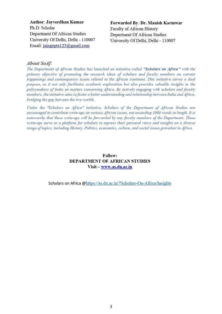 Read this insightful article titled "Africa in G20: Strengthening India-Africa Relations" written by our Ph.D. Scholar, Mr. Jayverdhan Kumar under the initiative of Scholars on Africa.  
Access the previous articles here: as.du.ac.in/?Scholars-On-A…… #AfricanStudies
#AfricanStudies