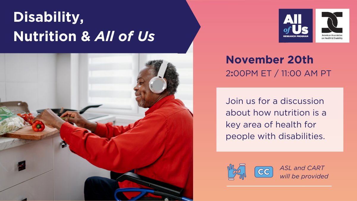 What makes #nutrition an important part of health for people with disabilities? Join <a href="/AAHD1/">AAHD Disability</a> on November 20 for a conversation on how diet affects our diverse health needs in the disability community. Hosted with <a href="/AllofUsResearch/">AllofUsResearch</a>: bit.ly/DH-Nutrition