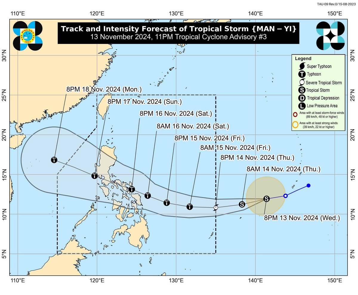 matteyowwwwww's tweet photo. Heads up, NCR peeps! ⚠️

The latest 11 PM update on Tropical Storm #ManYi – currently located outside the Philippine Area of Responsibility (PAR) – shows that it could directly traverse or affect METRO MANILA on Sunday, November 17 as a TYPHOON.

PAGASA also noted that the possibility of reaching super typhoon is NOT ruled out before it makes landfall in Bicol Region or Eastern Visayas on Saturday, November 16.

TS Man-yi is expected to enter the Philippine Area of Responsibility (PAR) tomorrow afternoon or evening and will be locally named #PepitoPH.

The forecast may still change.

📷: DOST-PAGASA
