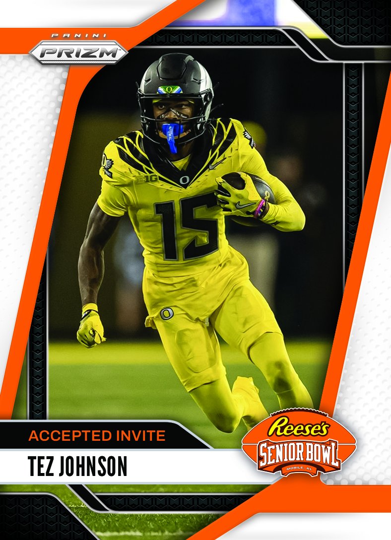 Reese's Senior Bowl (@seniorbowl) on Twitter photo Officially Accepted! WR Tez Johnson <a href="/tezMania15/">Tez Johnson</a> from <a href="/oregonfootball/">Oregon Football</a> is headed to the 2025 Reese's Senior Bowl #GoDucks 💪 #BestOfTheBest #TheDraftStartsInMOBILE™️
@JimNagy_SB <a href="/PaniniAmerica/">Panini America</a> #RatedRookie Officially Accepted! WR Tez Johnson <a href="/tezMania15/">Tez Johnson</a> from <a href="/oregonfootball/">Oregon Football</a> is headed to the 2025 Reese's Senior Bowl #GoDucks 💪 #BestOfTheBest #TheDraftStartsInMOBILE™️
@JimNagy_SB <a href="/PaniniAmerica/">Panini America</a> #RatedRookie