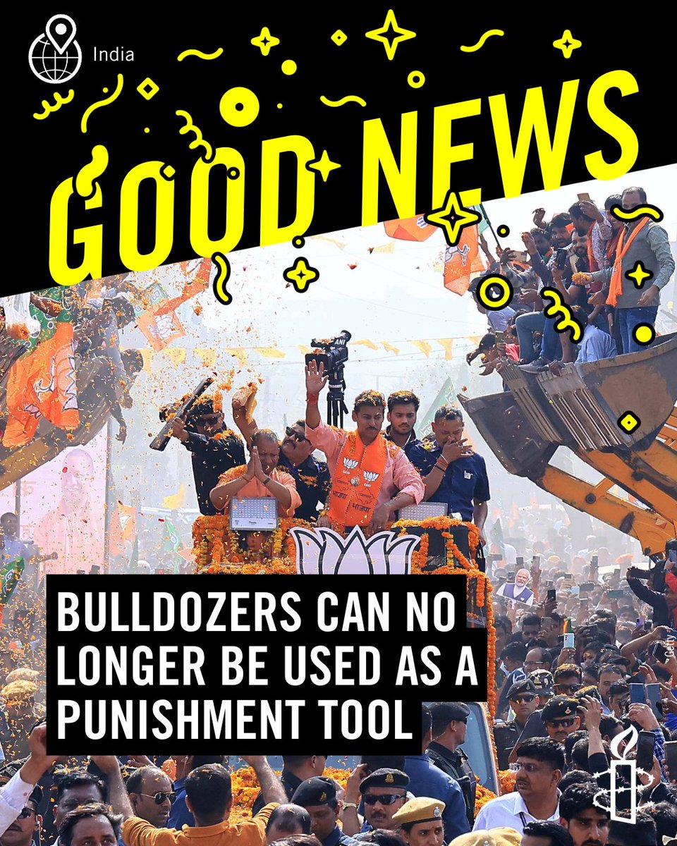 amnesty's tweet photo. Demolitions using bulldozers had been used in India in a hate campaign against the minority community for protesting discriminatory laws and practices.

We welcome the Supreme Court's decision to uphold the rights of the people and condemn these unlawful demolitions. https://t.co/IDVx7VhDv9