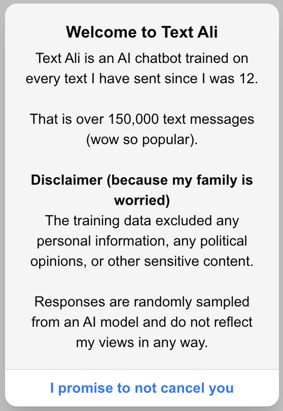 Ali_Shobeiri's tweet image. I just cloned myself using @OpenAI and every text message I sent since I was 12.
I fine-tuned gpt-4o-mini on 150,000 of my text messages. The first model ended up being so unhinged that I could not release it publicly (or risk being cancelled forever).
So I had to train…