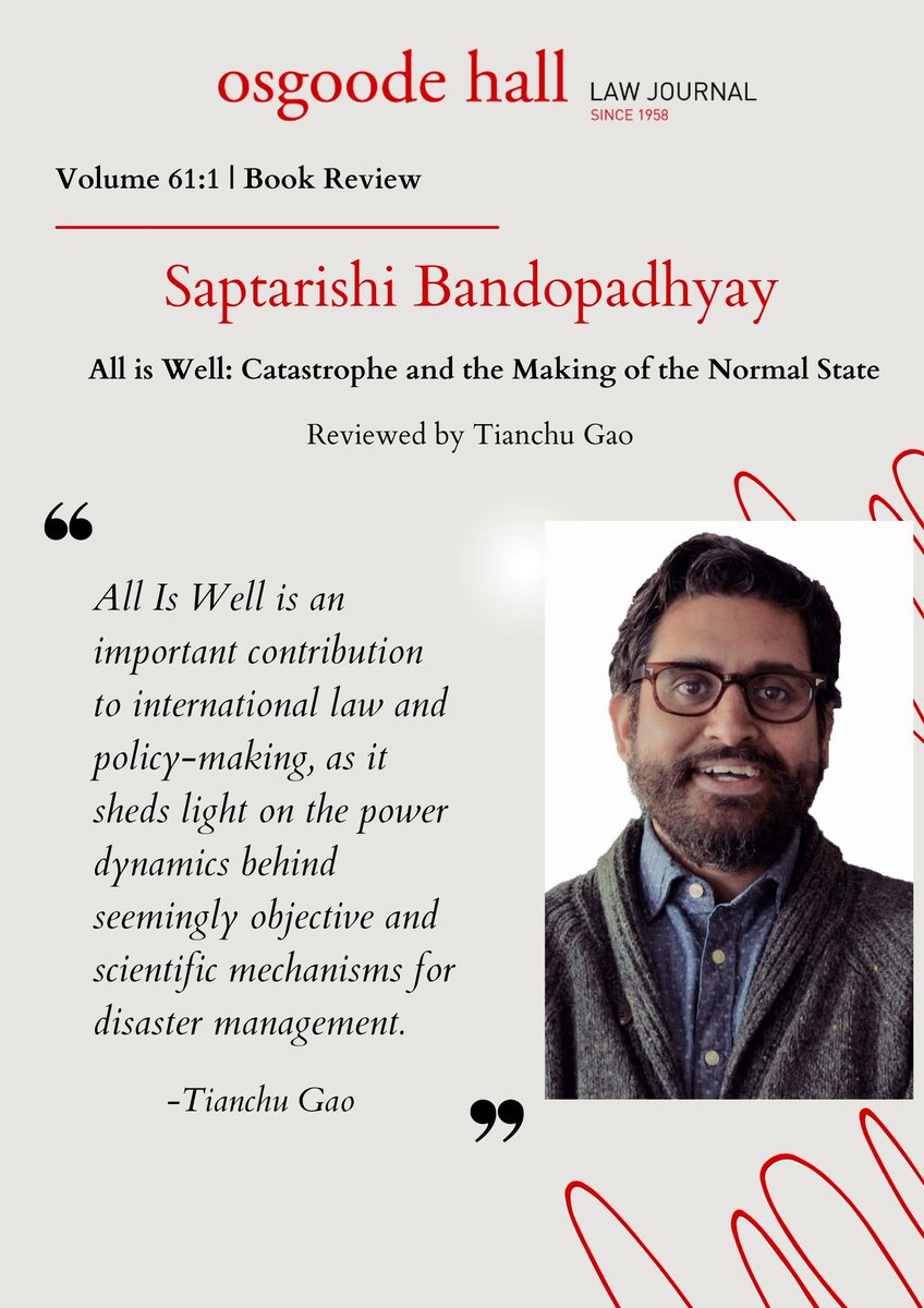 Osgoode Hall Law Journal (@ohlj) on Twitter photo In this article, Tianchu Gao discusses <a href="/saptarishi_b/">saptarishi bandopadhyay</a>'s questioning of the idea that disasters are exceptional events, and his examination of how this narrative can strengthen the power of the state.
digitalcommons.osgoode.yorku.ca/ohlj/vol61/iss… In this article, Tianchu Gao discusses <a href="/saptarishi_b/">saptarishi bandopadhyay</a>'s questioning of the idea that disasters are exceptional events, and his examination of how this narrative can strengthen the power of the state.
digitalcommons.osgoode.yorku.ca/ohlj/vol61/iss…