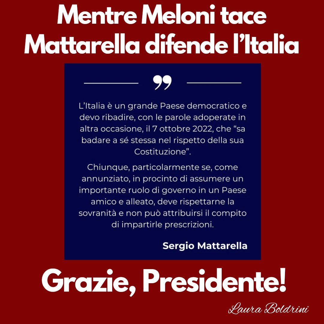 Elon Musk continua ad attaccare la magistratura italiana pensando di potere interferire con gli affari interni del nostro Paese. Per fortuna ci ha pensato il Presidente della Repubblica Sergio #Mattarella a ricordargli che l'Italia "sa badare a se stessa nel rispetto della sua