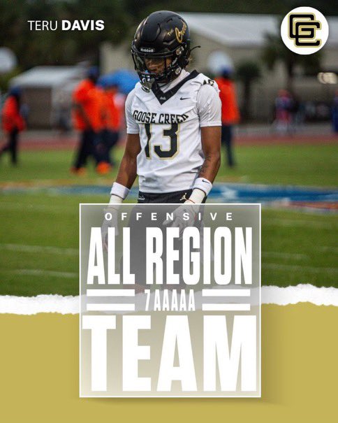 Teru_Davis's tweet photo. It’s a blessing to have received offensive ALL REGION wide receiver! @GCGatorFootball @T3Booker @lee_ttaylor @Deondre__13 @PrepRedzoneSC @iguerin @CoachGBaggett https://t.co/d8YoMT4IJ7