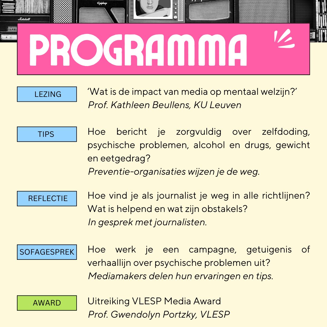 Hoe bericht je zorgvuldig over psychische kwetsbaarheid en zelfdoding? 
Laat je inspireren op onze studienamiddag op 19/11 én kom te weten wie de VLESP Media Award wint. Programma &amp; inschrijven: zelfmoord1813.be/media-award