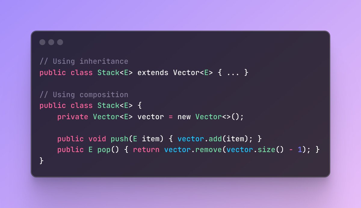 CodeWithHaci's tweet image. Prefer Composition over Inheritance
Using composition instead of inheritance can lead to more flexible and maintainable code. 👨💻👩💻
#Java #CodeQuality #OOP