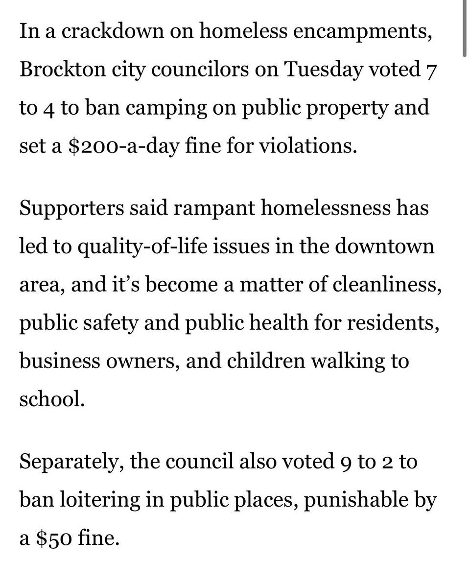 Shameful Ordinance that “bans camping on public property &amp; sets a $200-a-day fine for violations" in Brockton. The Council also “banned loitering in public places, punishable by a $50 fine.” This is punishing people experiencing homelessness for simply existing in public spaces.