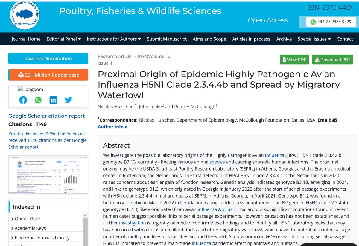 P_McCulloughMD's tweet image. Proximal Origin of Epidemic Highly Pathogenic Avian Influenza H5N1 Clade 2.3.4.4b and Spread by Migratory Waterfowl--USDA Lab Likely Source

USDA researchers created current bird flu strain through serial passage gain-of-function research.  Government controls testing and