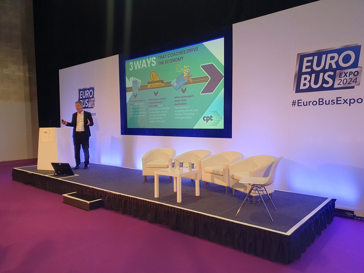 KeithJMcN's tweet photo. @CPT_UK CEO Graham Vidler now on stage at the final session of the #CPTOperatorForum @EuroBusExpo, presenting the results of the report we commissioned from KPMG on the Economic Vaue of Coach https://t.co/N1v8QonFTb