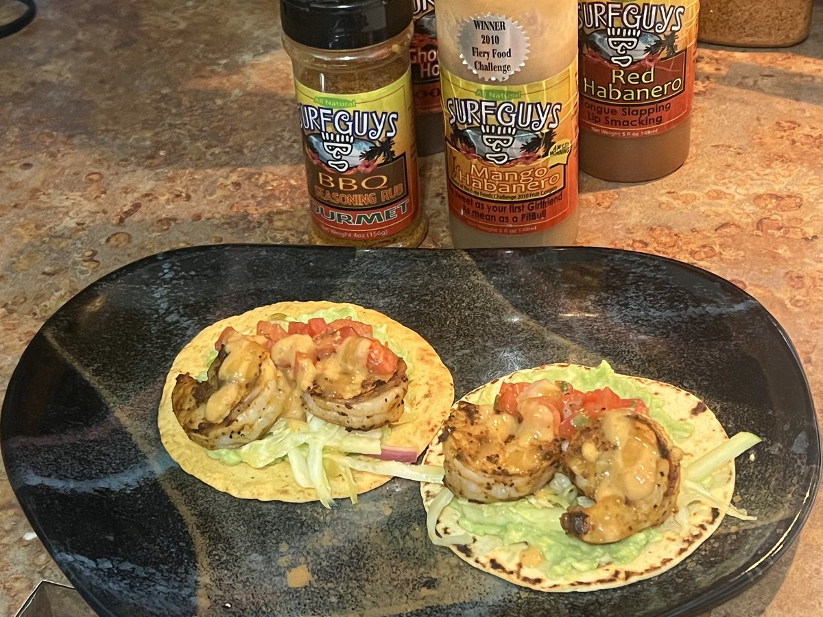 SurfguysHotSauc's tweet photo. Cooking with Surfguys Gourmet Rub and Hot Sauces with shrimp tacos, on no carb tortillas. Avocado smear, pico de gallo, green apple slaw, and pico aioli. Surfguys mango/habanero hot sauce for the heat and flavor.
#surfguyshotsauces #tacos #shrimptacos #goodeats #nocarb https://t.co/6zaOms9Tne