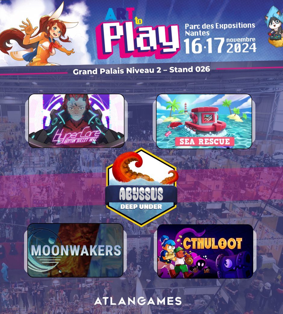 🎉 J-3 avant le lancement d'<a href="/ARTTOPLAYNANTES/">Art to Play/16-17 Novembre 2024</a> au Parc des Expositions de #Nantes 🥳

💫 Nos studios membres <a href="/pixelnest/">Pixelnest Studio - Releasing CTHULOOT💎🐙</a>, <a href="/PlayCuriousGame/">PlayCurious</a>, <a href="/ADU_Ouebsson_FR/">Abyssus Deep Under FR</a>, <a href="/gameinaframe/">Gameinaframe - Wishlist HyperCore on Steam !</a> &amp; <a href="/GamanGames_/">Gaman Games Studio</a> seront présents  pour vous présenter leurs créations 🎮

Découvrez ce qui vous attend au niveau