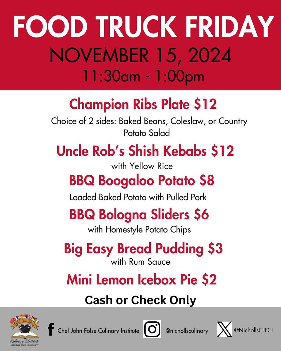 Join Chef Gregory Rosary and his food truck class for our last Food Truck Friday for the semester, November 15,2024 from 11:30am - 1:00pm in the Ledet Student Parking Lot! 

914 E First St
Thibodaux, LA  70301
United States

We look forward to seeing you!