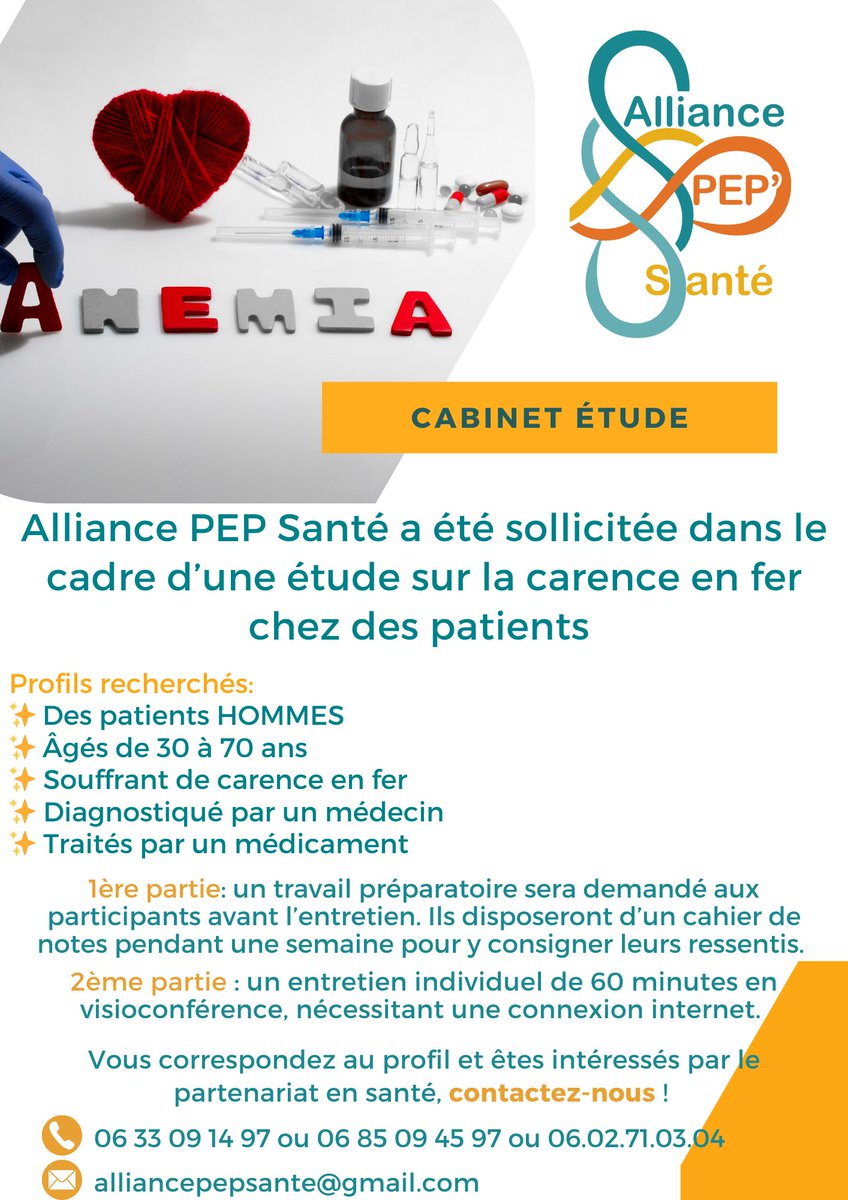 Alliance PEP Santé (@alliancepeps) on Twitter photo Nouvelle #étude sur la #carence en #fer chez les #patients. Profils 3 HOMMES entre 30 et 70 ans - Souffrant de carence en fer - Diagnostiqué par un médecin et traités par tardyferon depuis 3 mois. Contact : alliancepepsante@gmail.com si vous correspondez. Merci Nouvelle #étude sur la #carence en #fer chez les #patients. Profils 3 HOMMES entre 30 et 70 ans - Souffrant de carence en fer - Diagnostiqué par un médecin et traités par tardyferon depuis 3 mois. Contact : alliancepepsante@gmail.com si vous correspondez. Merci
