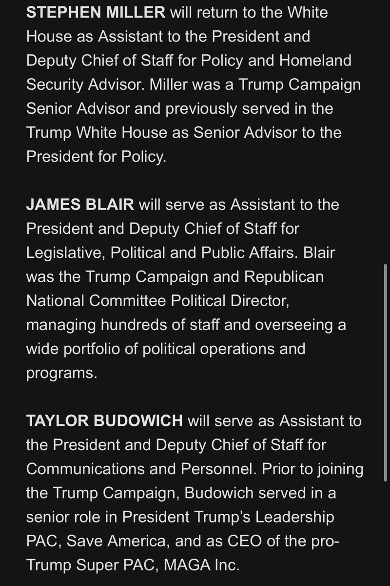 baldwin_daniel_'s tweet photo. NEW: President Trump announces White House senior staff.

Dan Scavino: Assistant to the President and Deputy Chief of Staff

James Blair: Assistant to the President and Deputy Chief of Staff for Legislative, Political and Public Affairs

Taylor Budowich: Assistant to the President and Deputy Chief of Staff for Communications and Personnel