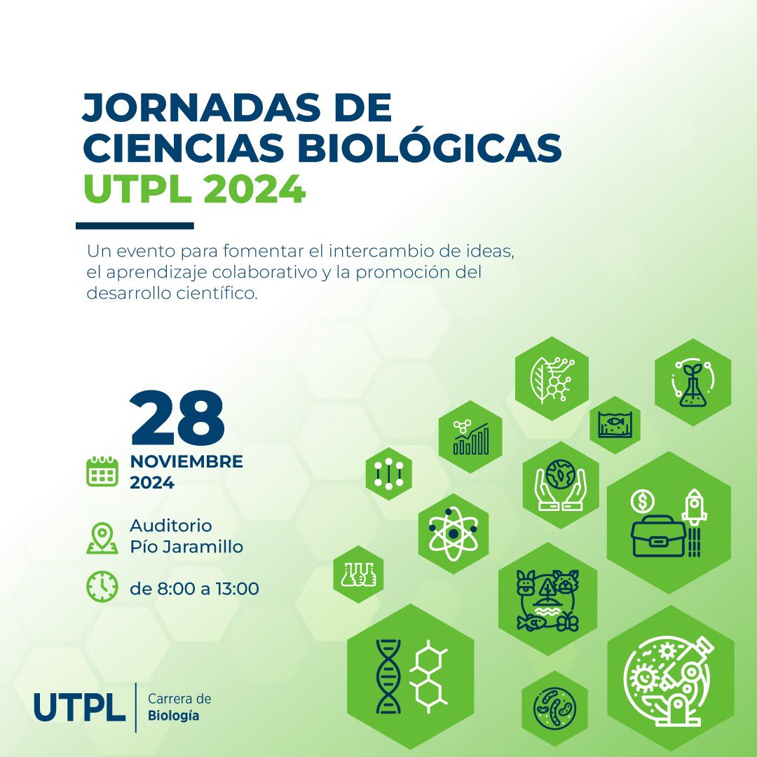 🧬La biología cobra vida en las Jornadas de Ciencias Biológicas UTPL 24

¿Quieres descubrir investigaciones que están cambiando nuestra visión del mundo natural? 
Se parte de un evento lleno de inspiración, conocimiento y ciencia🌱

📅 28/Nov
🕗8:00-13:00
📍A. Pio Jaramillo, UTPL